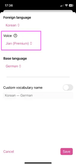 Screenshot of the editing view of a language in Wokabulary