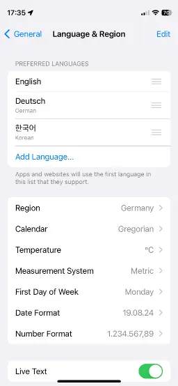 Language & Region System Settings on iPhone