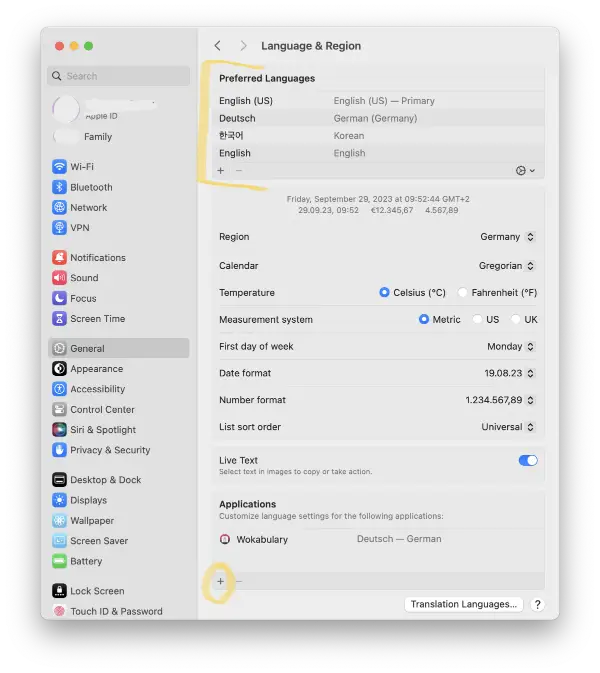 Language & Region System Settings on macOS