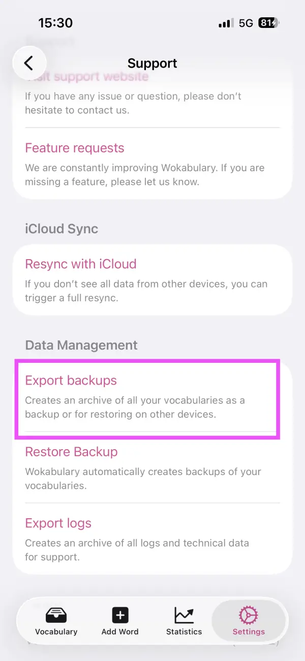 Screenshot of the iPhone support settings with a highlight on the logs export button.