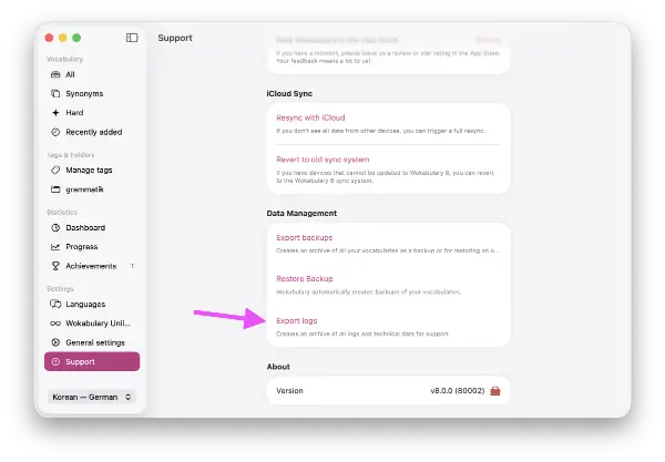 Screenshot of the Mac support settings with a highlight on the logs export button.