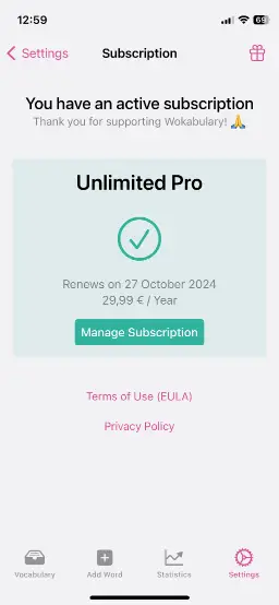 Screenshot of the Subscription screen in Wokabulary on iPhone, depicting the Manage Subscription button.