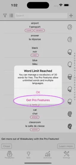 Screenshot of the Wokabulary 5 demo limit reached alert
