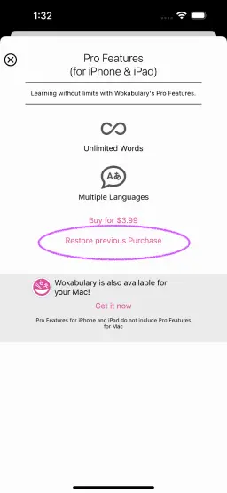 Screenshot of the Wokabulary 5 purchase screen with a highlight on the restore button