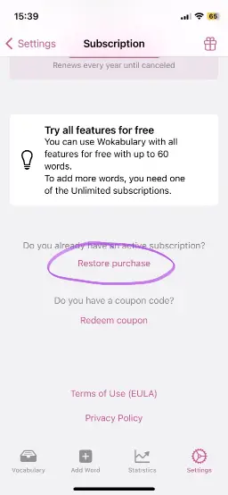 Screenshot of the Wokabulary purchase screen with a highlight on the restore button