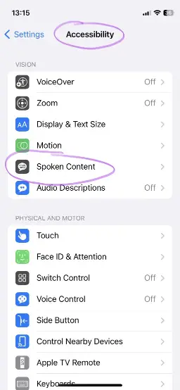 Screenshot of the iOS System Settings with highlighting on Accessibility, Spoken Content