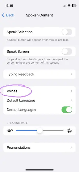 Screenshot of the Spoken Content Settings in iOS System Settings with highlighting on Voices