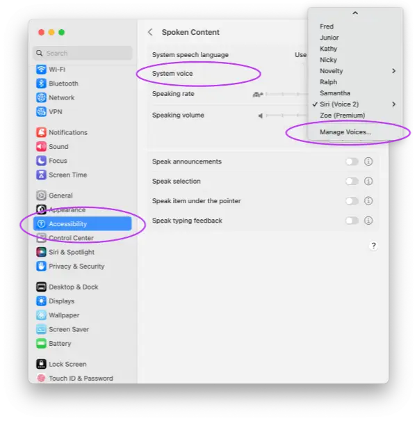 Screenshot of the macOS System Settings with highlighting on Accessibility, Spoken Content, System Voice, Manage Voices