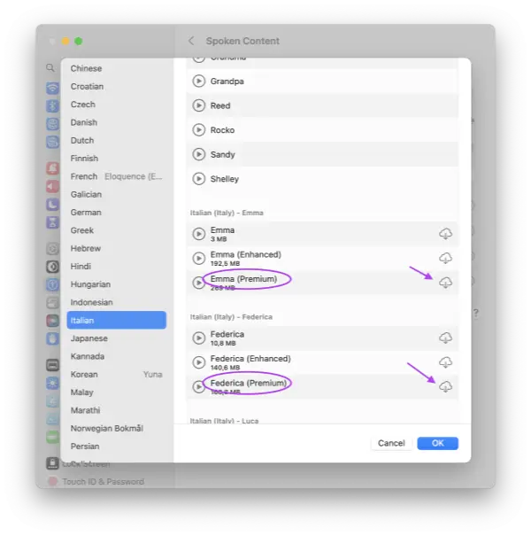 Screenshot of the Spoken Content Voice Management in macOS System Settings with highlighting on Premium Voices