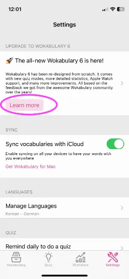 Screenshot of Wokabulary 5 on iPhone with a highlight on the Learn More button in the Settings.