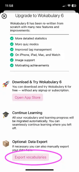 Screenshot of the migration info in Wokabulary 5 on iPhone with a highlight on the Export vocabularies button