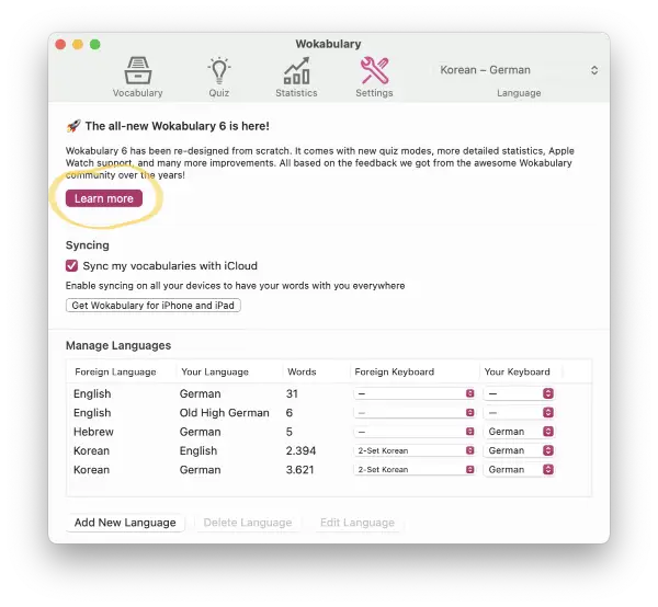Screenshot of Wokabulary 5 on macOS with a highlight on the Learn More button in the Settings.
