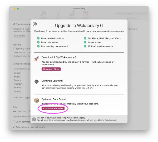 Screenshot of the migration info in Wokabulary 5 on macOS with a highlight on the Export vocabularies button